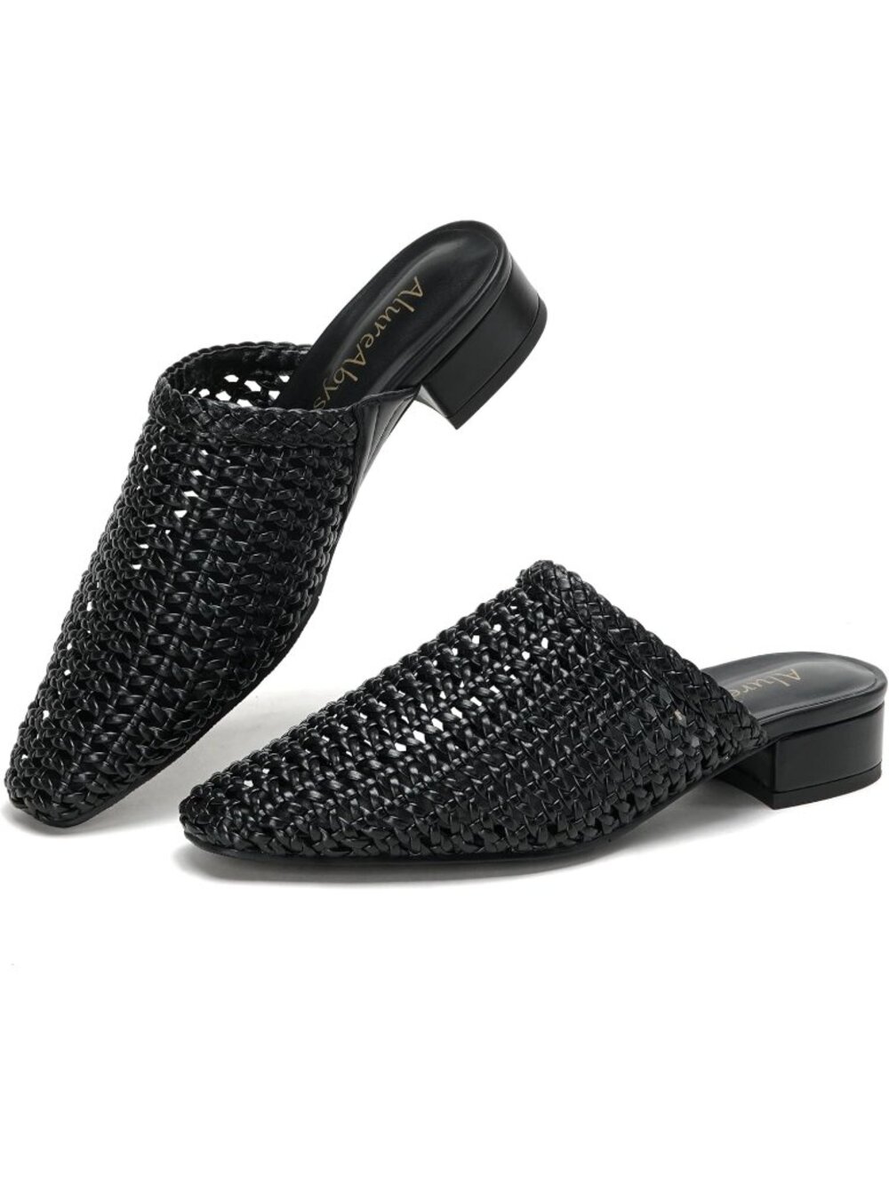 Women's Black Mesh Woven Mule Shoes Closed Toe Slip On Low Block Heel Mules